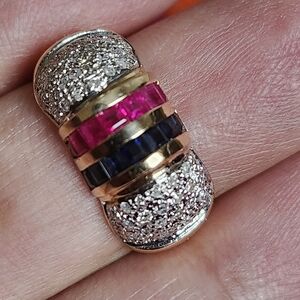 Beautiful 14k gold ring with natural ruby ,sapphire,and diamonds.